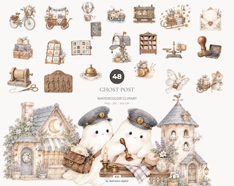 Pacchetto di clipart di fantasmi ad acquerello, Halloween PNG, grafica di casette con ufficio postale - 635