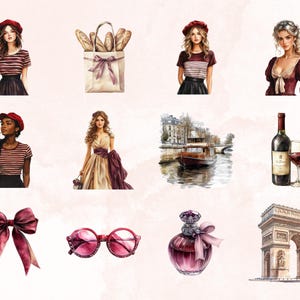 May include: A digital illustration of a Parisian themed collection. The collection includes a woman wearing a red beret and striped shirt, a bag of bread, a woman wearing a red beret and striped shirt, a woman wearing a red dress, a boat on a canal, a bottle of wine and a glass of wine, a red bow, sunglasses, a bottle of perfume, and the Arc de Triomphe.