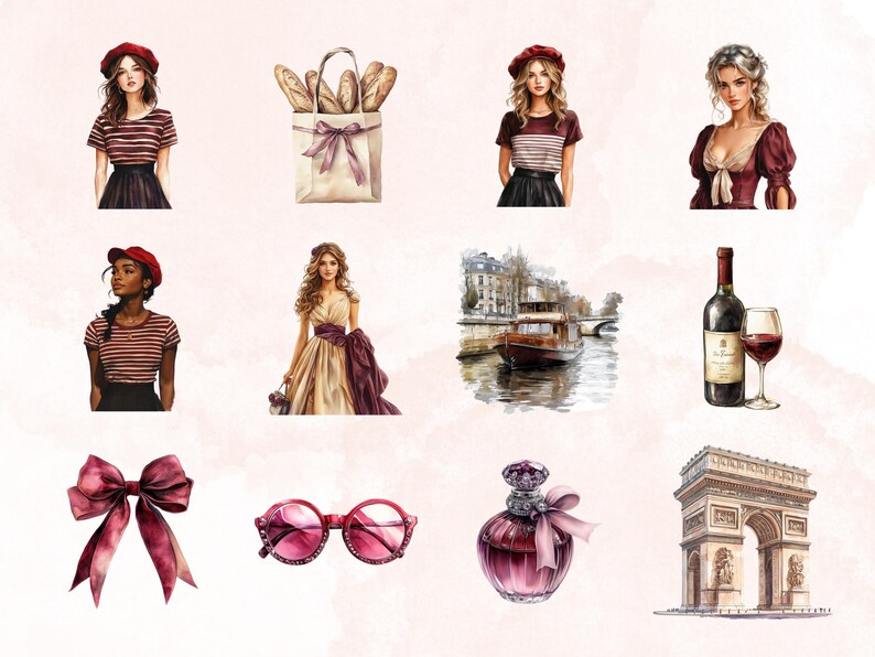 May include: A digital illustration of a Parisian themed collection. The collection includes a woman wearing a red beret and striped shirt, a bag of bread, a woman wearing a red beret and striped shirt, a woman wearing a red dress, a boat on a canal, a bottle of wine and a glass of wine, a red bow, sunglasses, a bottle of perfume, and the Arc de Triomphe.