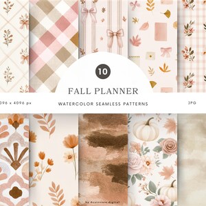 Op de afbeelding: Een collectie van 10 digitale naadloze aquarelpatronen voor een herfstplanner, met motieven van pompoenen, bloemen, strikken, bladeren en geometrische vormen in tinten beige, bruin en zacht oranje, met de tekst 10 FALL PLANNER.