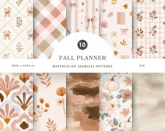 Aquarell Herbst Nahtlose Muster, Rosa Schleife Digitales Papier, Blumenplaner Scrapbook Hintergrund JPG - P66