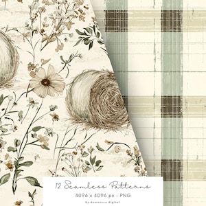 May include: A set of 12 seamless digital patterns featuring a floral design with hay bales and a plaid pattern. The floral pattern is on a cream background with brown and green flowers and leaves. The plaid pattern is on a cream background with brown and green plaid.