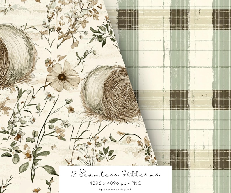 May include: A set of 12 seamless digital patterns featuring a floral design with hay bales and a plaid pattern. The floral pattern is on a cream background with brown and green flowers and leaves. The plaid pattern is on a cream background with brown and green plaid.
