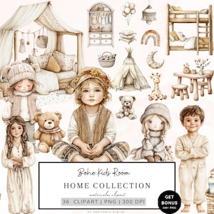 Clipart de habitación infantil bohemia de acuarela, clipart de decoración de bebé, paquete de imágenes prediseñadas de vida bohemia, clipart de juguetes, carpa tipi PNG, decoración de guardería, planificador de niña PNG
