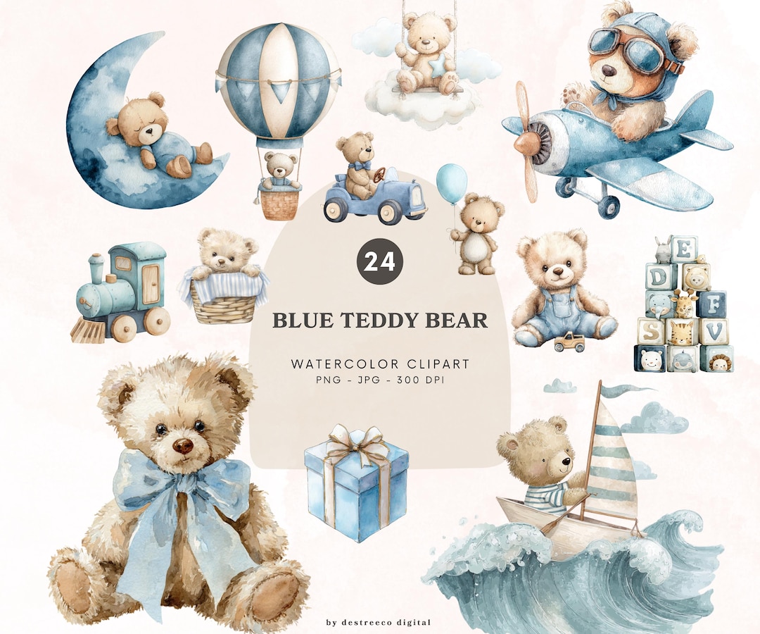 Watercolor Teddy Bear Clipart, Baby Blue Teddies Png Bundle, Nursery ...