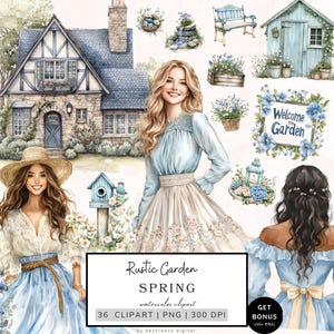 Pacchetto Clipart primaverile, Clipart giardino rustico, Clipart cottagecore, Grafica primaverile, Clipart fiori selvatici, PNG estetici accoglienti digitali