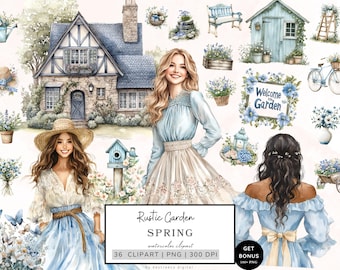 Spring Clipart Bundle, Rustic Garden Clipart, Cottagecore Clipart, Spring Graphics, Wildflowers Clipart, Cozy Aesthetic Pngs Digital