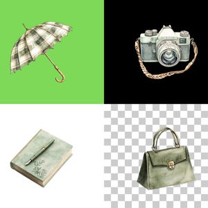May include: Watercolor illustrations of an umbrella, camera, book with pen, and handbag. The umbrella has a green and white plaid pattern. The camera is silver and gray with a braided strap. The book is light blue with a pen. The handbag is green.