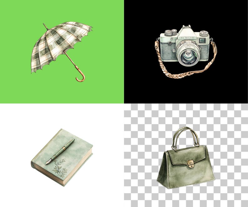 May include: Watercolor illustrations of an umbrella, camera, book with pen, and handbag. The umbrella has a green and white plaid pattern. The camera is silver and gray with a braided strap. The book is light blue with a pen. The handbag is green.