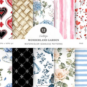 May include: Twelve vintage watercolor seamless patterns featuring a variety of designs, including hearts, flowers, teacups, and a woven pattern. The patterns are perfect for adding a touch of whimsy to any project.