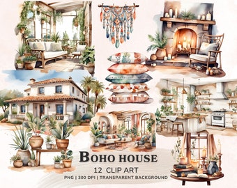 Watercolor Boho House Clipart, Rustic Cozy Boho Decor Clipart Bundle, Bohemian Macrame Png, Digital Stickers, Scrapbook, Commercial Use