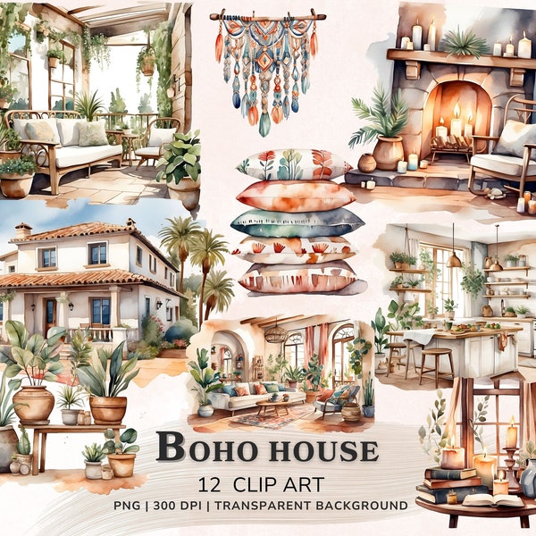 Watercolor Boho House Clipart, Rustic Cozy Boho Decor Clipart Bundle, Bohemian Macrame Png, Digital Stickers, Scrapbook, Commercial Use