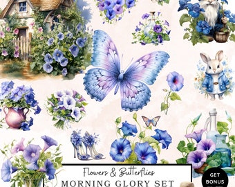 Morning Glories and Butterflies Clipart, Wildflower Clipart, Flowers Png, Cottagecore Clipart, Floral Png, Watercolor Clipart Download