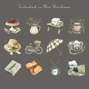 May include: Watercolor illustrations of various objects, including a berry tart, a floral arrangement in a pitcher, a bench with towels, a garden gate, a straw hat with a ribbon, a bicycle with flowers, a plaid umbrella, a camera, a book with a pen, a journal, a pocket watch, and a train. The text "Included in This Purchase" is at the top.