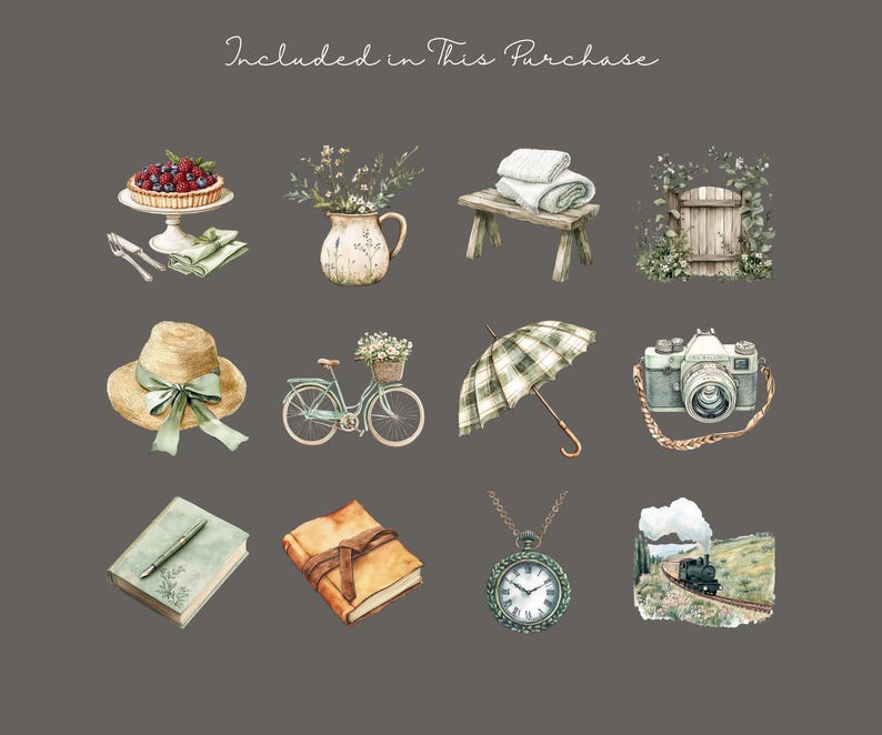 May include: Watercolor illustrations of various objects, including a berry tart, a floral arrangement in a pitcher, a bench with towels, a garden gate, a straw hat with a ribbon, a bicycle with flowers, a plaid umbrella, a camera, a book with a pen, a journal, a pocket watch, and a train. The text "Included in This Purchase" is at the top.