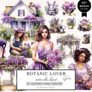 Clipart de amante botânico aquarela, clipart de jardim, clipart botânico, clipart de lavanda, clipart de menina, clipart cottagecore, download digital