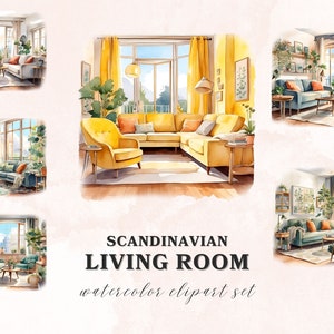 Scandinavian Living Room Watercolor Clipart, 16 PNG Clipart Bundle, Printable Graphics, Scrapbook Digital Download zdjęcie 4