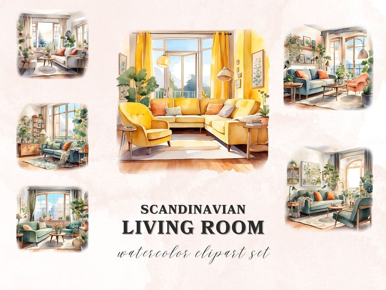 Scandinavian Living Room Watercolor Clipart, 16 PNG Clipart Bundle, Printable Graphics, Scrapbook Digital Download zdjęcie 4