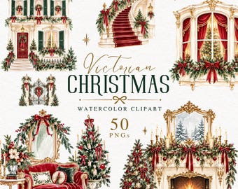 Victorian Christmas Clipart Bundle, Vintage Watercolor Holiday Scenes PNGs - 673