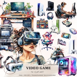 Videospiel Clipart, Controller Clipart, Retro Gamer Grafik, Aquarell Spielcharakter Png, Gaming Art Digital Download Aufkleber