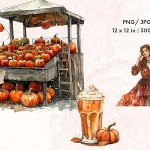 Puede incluir: Una pintura de acuarela que representa una escena de oto&ntilde;o con un puesto de calabazas, un latte de especias de calabaza y una mujer con un vestido de oto&ntilde;o. El puesto de calabazas est&aacute; lleno de calabazas naranjas y tiene un marco de madera. El latte est&aacute; en un vaso con crema batida y canela en la parte superior. La mujer lleva un vestido largo y fluido con un estampado floral. El fondo es de color rosa claro.