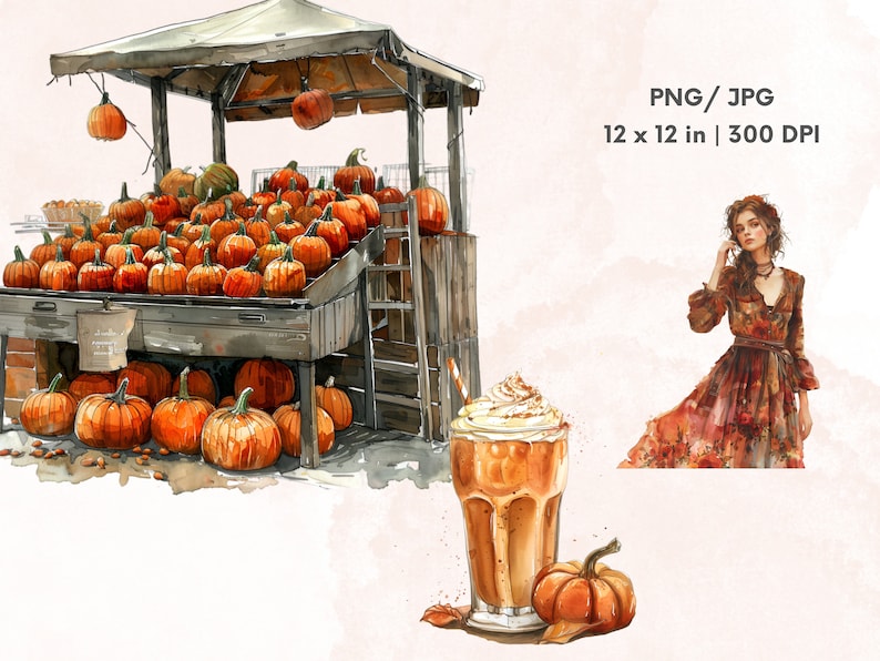 Puede incluir: Una pintura de acuarela que representa una escena de oto&ntilde;o con un puesto de calabazas, un latte de especias de calabaza y una mujer con un vestido de oto&ntilde;o. El puesto de calabazas est&aacute; lleno de calabazas naranjas y tiene un marco de madera. El latte est&aacute; en un vaso con crema batida y canela en la parte superior. La mujer lleva un vestido largo y fluido con un estampado floral. El fondo es de color rosa claro.