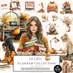Planificateur aquarelle fille Clipart, clipart automne confortable, clipart amateur de planificateur, éléments de planificateur Png esthétique de journal, planification d'automne