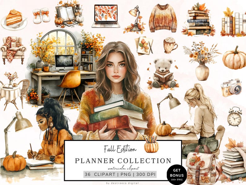 May include: A digital planner collection featuring watercolour illustrations of autumnal elements, such as leaves, pumpkins, books, and a woman holding a stack of books. The text "Fall Edition Planner Collection" is displayed in a banner at the bottom of the image.