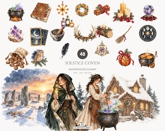 Winter Solstice Clipart, Yule Watercolor PNG, Witchy Christmas Graphics - 651