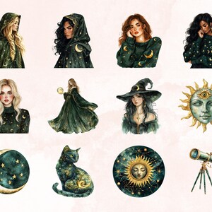 May include: A digital illustration set featuring a variety of celestial and magical elements, including a witch, a cat, a crescent moon, a sun, and a telescope. The illustrations are done in a watercolor style with a dark green and gold color scheme.