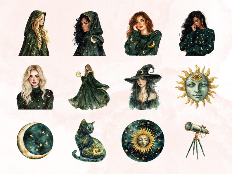 May include: A digital illustration set featuring a variety of celestial and magical elements, including a witch, a cat, a crescent moon, a sun, and a telescope. The illustrations are done in a watercolor style with a dark green and gold color scheme.