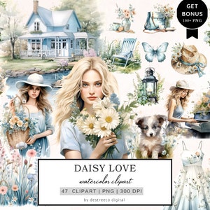 Daisy love printemps clipart, graphiques printaniers aquarelle, clipart fleurs sauvages de printemps, Daisy Meadow, jolie fille, fleurs printanières png, techniques mixtes