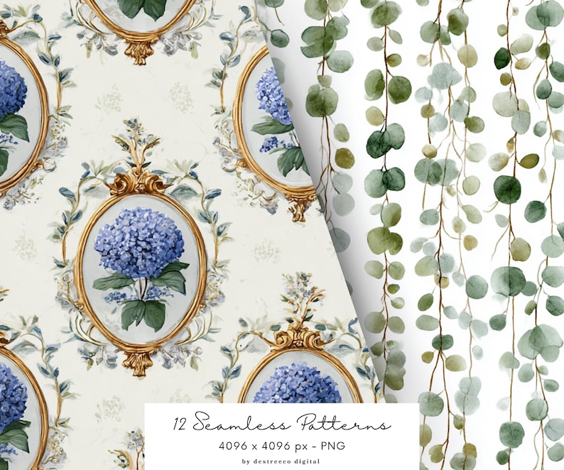 Watercolor Rustic Cottage Seamless Patterns, Rustic Pattern, Hydrangea ...