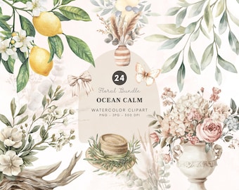 Watercolor Ocean Calm Floral Bundle Png, Elegant Floral Clipart, Summer Flowers, Dried Floral Aesthetics, Coastal Greenery, Digital Download