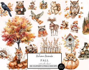 May include: A set of 36 watercolor clipart images featuring autumn animals, including a raccoon, fox, owl, deer, bear, squirrel, hedgehog, bunny, cat, and bird. The images are perfect for creating fall-themed crafts, cards, and other projects.