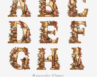 Bookish Library Alphabet Clipart, Vintage Book Letters, 26 PNG Monograms - 675