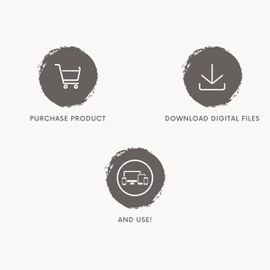 May include: Three dark gray circular icons with white line art. The first shows a shopping cart with the text PURCHASE PRODUCT. The second shows a download arrow with the text DOWNLOAD DIGITAL FILES. The third shows computer and phone icons with the text AND USE!