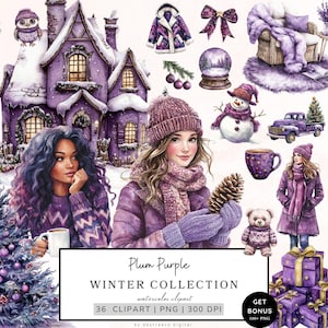Pacchetto Clipart invernale, Clipart natalizio accogliente, Clipart invernale, Purple Cuteness Png, Grafica invernale innevata, Cottagecore, Download digitale