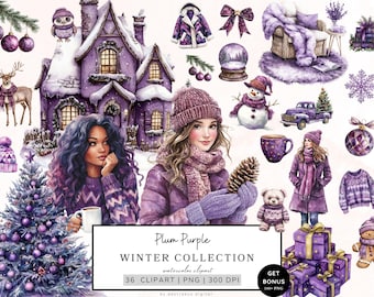 Winter Clipart Bundle, Cozy Christmas Clipart, Winter Clipart, Purple Cuteness Png, Snowy Winter Graphics, Cottagecore, Digital Download