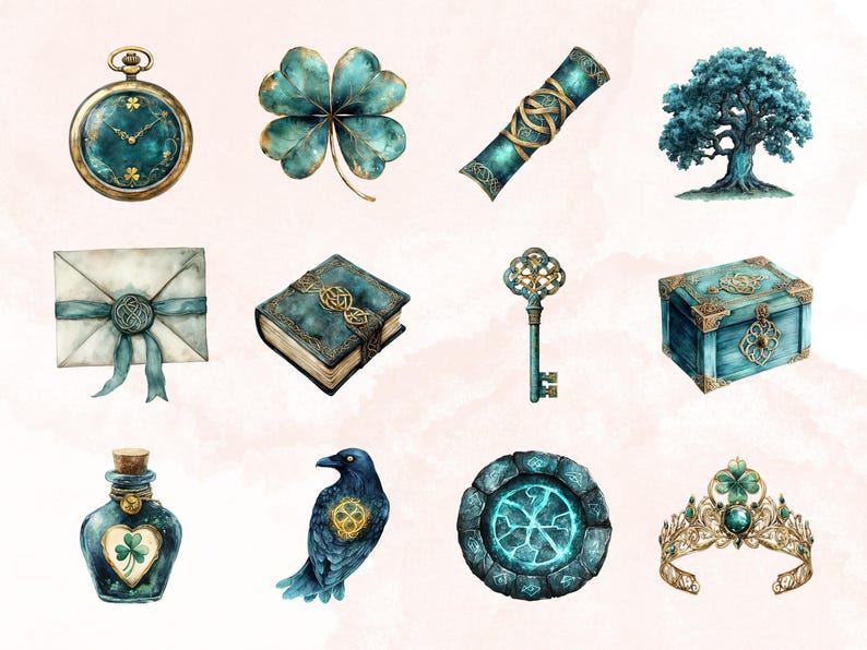 K&ouml;nnte beinhalten: Ein Set aus 10 Aquarell-Illustrationen mit einer Vielzahl von skurrilen, magischen und von der Natur inspirierten Elementen. Die Illustrationen beinhalten eine Uhr, ein vierbl&auml;ttriges Kleeblatt, eine Schriftrolle, einen Baum, einen Brief, ein Buch, einen Schl&uuml;ssel, eine Truhe, eine Zaubertrankflasche, einen Raben, einen Kreis mit einem leuchtenden Zentrum und eine Krone.