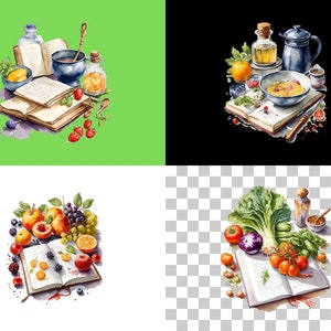 May include: A watercolor illustration of a cookbook with various fruits, vegetables, and kitchen tools. The cookbook is open to a page with a recipe. The illustration includes a bowl of fruit, a bottle of oil, a bowl of berries, a knife, and a spoon.
