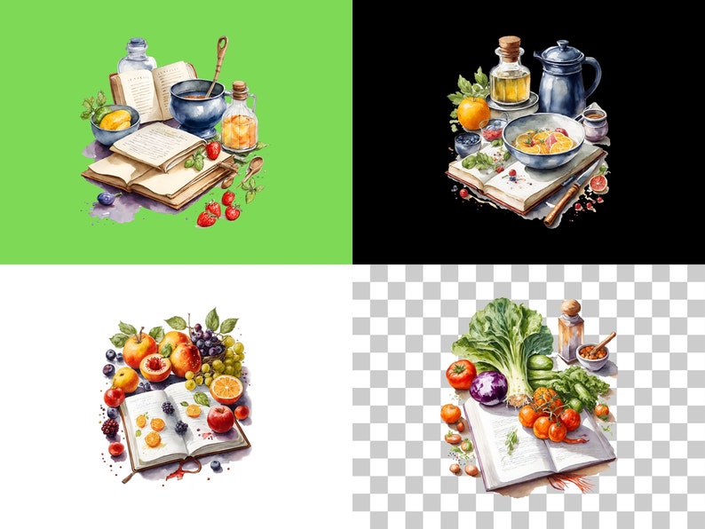 May include: A watercolor illustration of a cookbook with various fruits, vegetables, and kitchen tools. The cookbook is open to a page with a recipe. The illustration includes a bowl of fruit, a bottle of oil, a bowl of berries, a knife, and a spoon.