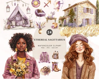 Watercolor Ethereal Sagittarius Clipart, Zodiac Clipart, Astrology Clipart Set, Zodiac Graphics, Sagittarius Png Graphics, Digital Download