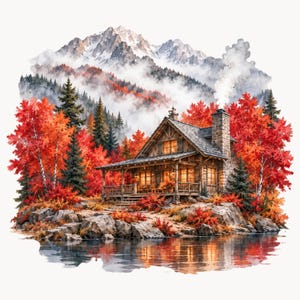 May include: A watercolor illustration of a wooden cabin with a stone chimney and glowing windows, nestled among vibrant red and orange autumn trees and evergreen pines, situated on a rocky shoreline beside a lake with snow-capped mountains.