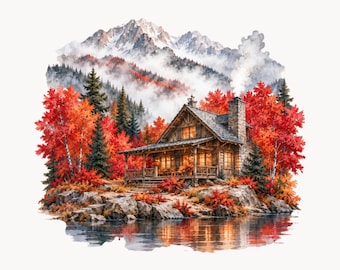 Autumn Scenes Clipart, Cozy Fall Cottage Pumpkin Woodland PNG Bundle - 665