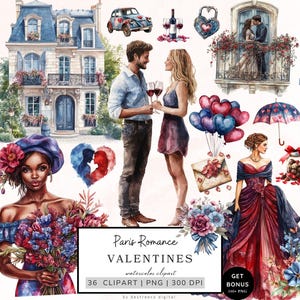 Paquete de imágenes prediseñadas de San Valentín, imágenes prediseñadas de romance de París, imágenes prediseñadas de pareja de acuarela, gráficos de feliz San Valentín, corazón, ternura png, descarga digital