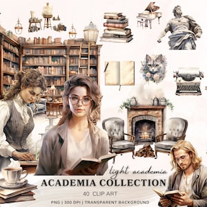 Aquarel lichte Academia clipart, donkere Academia clipart bundel, romantische Cottagecore PNG, bibliotheek, boekenwurm, liefde planner clipart, download