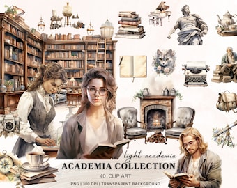 Watercolor Light Academia Clipart, Dark Academia Clipart Bundle, Romantic Cottagecore Png, Library, Bookworm, Love Planner Clipart, Download