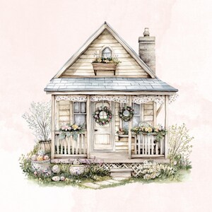 May include: A white cottage with a porch and a wreath on the door. The porch is decorated with flowers and there are green bushes around the cottage.