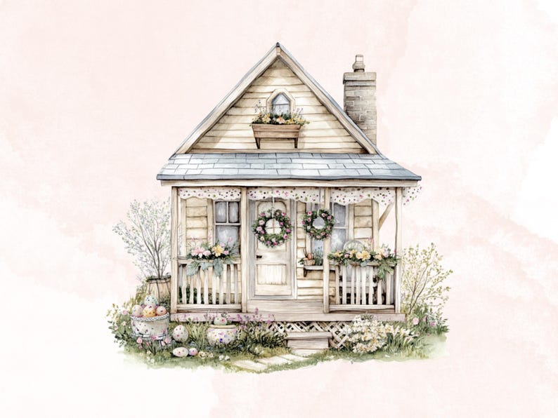 May include: A white cottage with a porch and a wreath on the door. The porch is decorated with flowers and there are green bushes around the cottage.